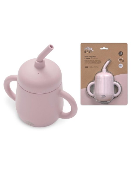 Vaso antigoteo + pajita de silicona rosa
