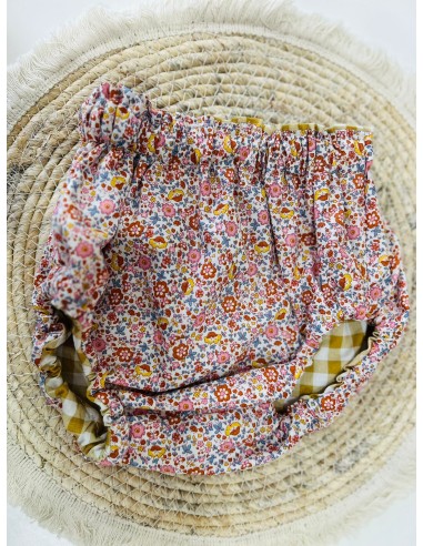 Cubrepañal reversible flores y vichy mostaza