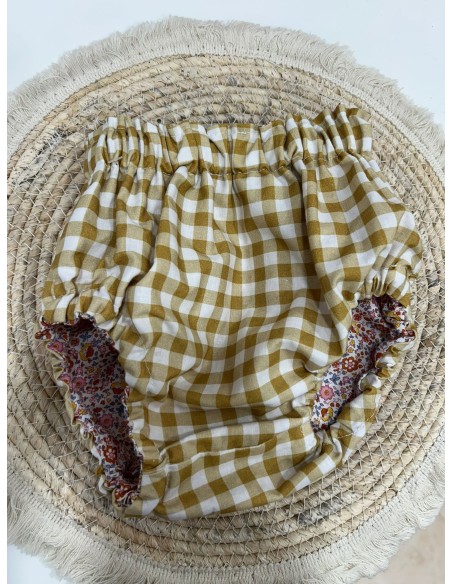 Cubrepañal reversible flores y vichy mostaza